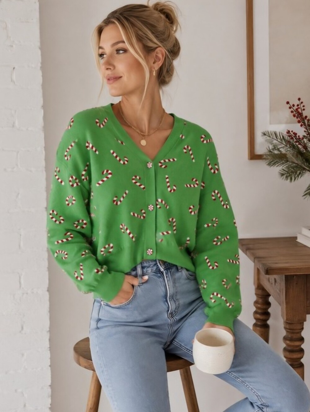 Grayson Threads Green Candy Cane V-Neck Cardigan Sweater